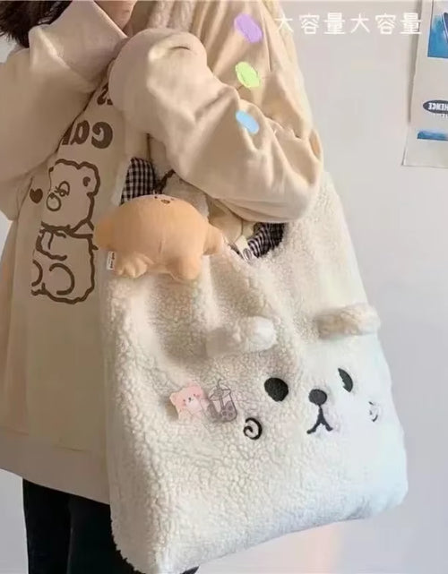 Load image into Gallery viewer, New Winter Soft Plush Tote Bag Women Cartoon Embroidery Imitation Lamb Hair Shoulder Bag for Women Shopper Bag Bolsa No Pendant
