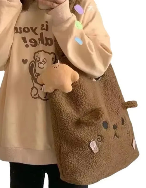 Load image into Gallery viewer, New Winter Soft Plush Tote Bag Women Cartoon Embroidery Imitation Lamb Hair Shoulder Bag for Women Shopper Bag Bolsa No Pendant
